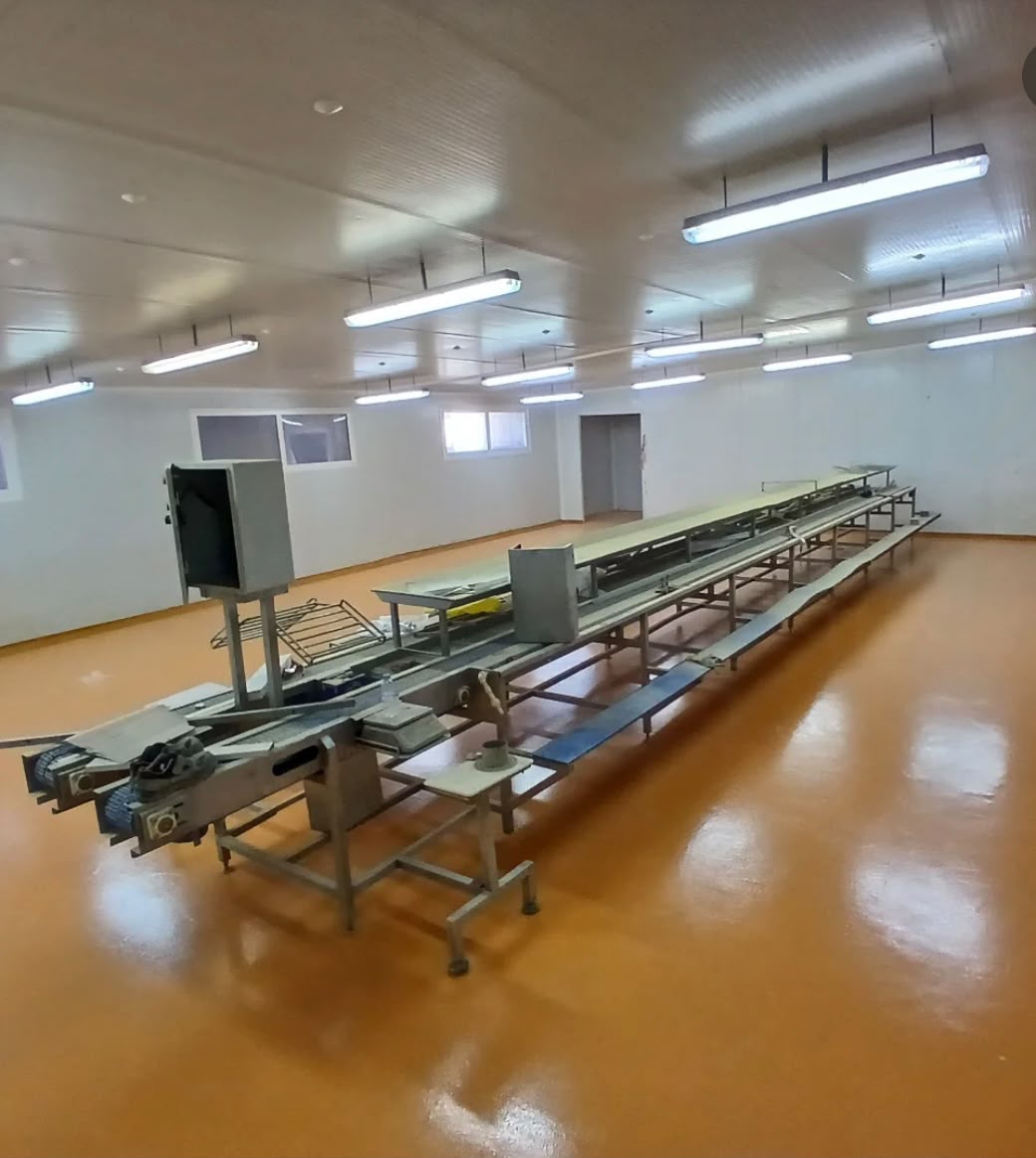 Salle de conditionnement agroalimentaire avec sol en résine et convoyeurs